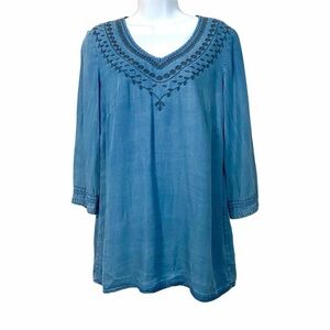 Blue Bohemian Peasant Top Blouse Small Relaxed Fit Flowy Vacation